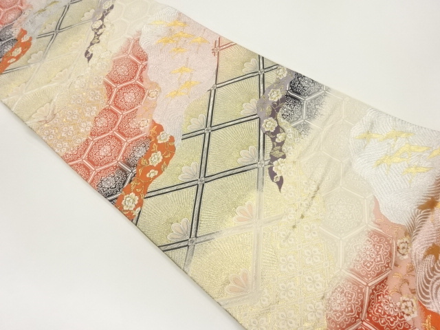 道長取に群鶴・花唐草・古典柄模様織出し袋帯